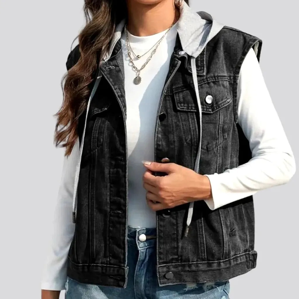 Mixed-fabrics hooded jean vest for women | Jeans4you.shop