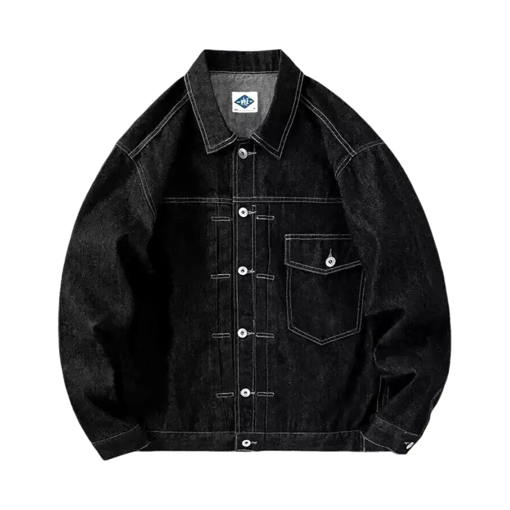 Dark Cargo Pocket Men's Denim Jacket - Black