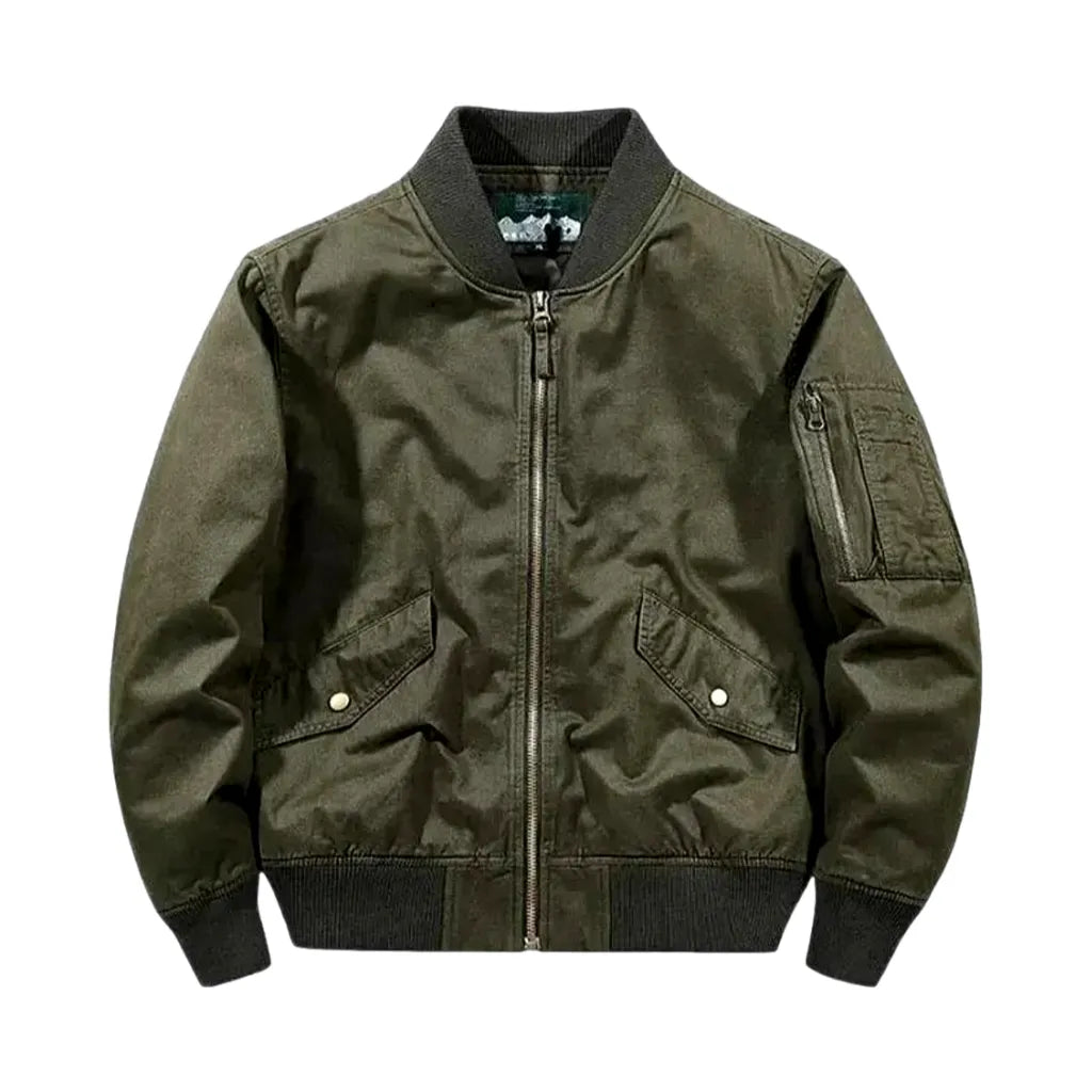 Medium Length Rubber Hem Men's Jean Bomber Jacket - Green