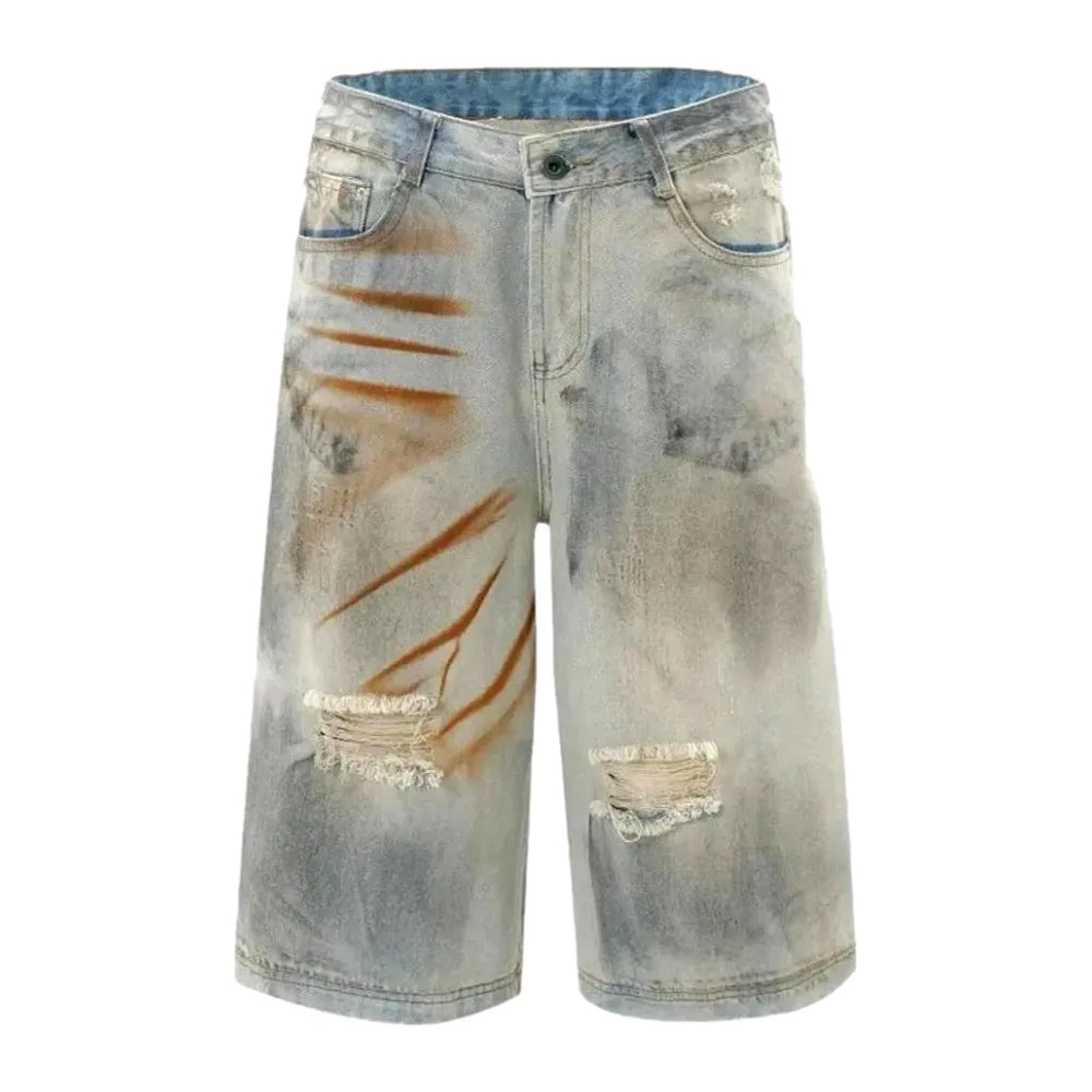 Light Wash Grunge Style Men's Denim Shorts - Light Blue