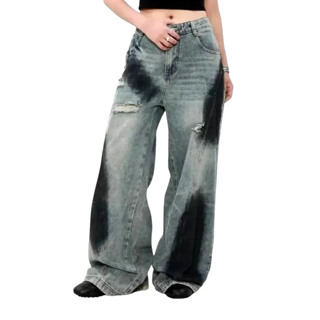 High Rise Baggy Painted Jeans for Women - Grey