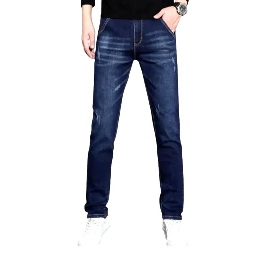 Fitted Casual Dark Distressed Jeans for Men - Blue