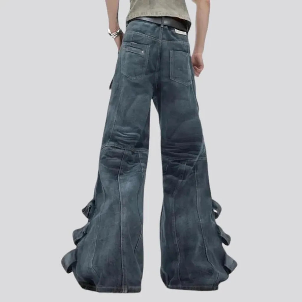 Whiskered mid rise flared jeans for men