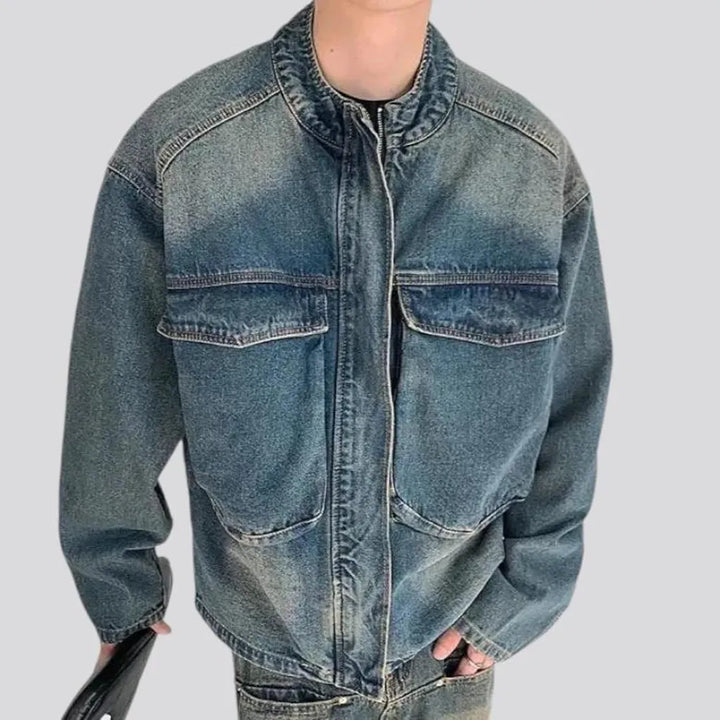 Medium wash grunge street men's denim jacket