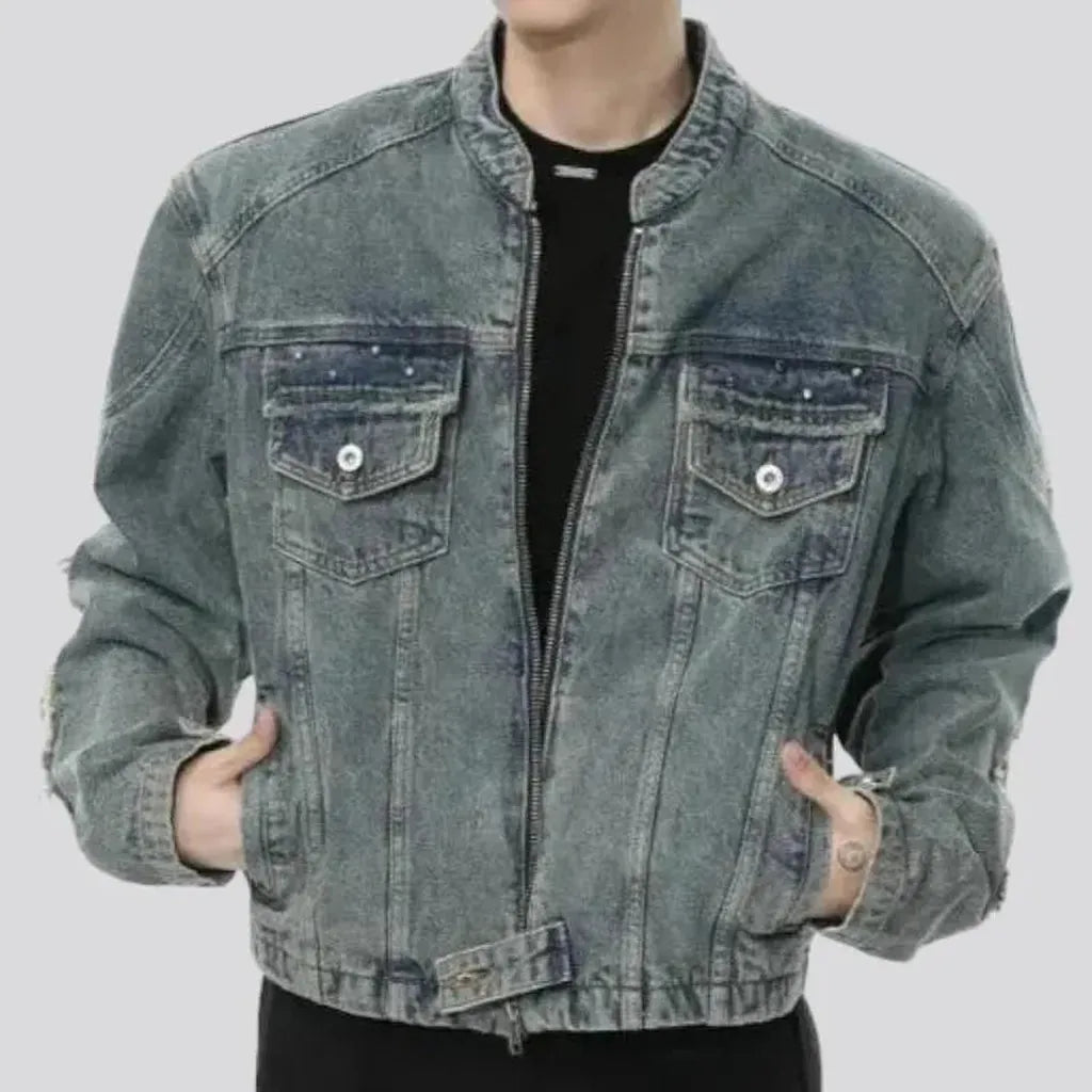 Round-collar men's jeans jacket