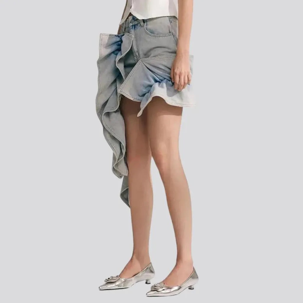 Ruffled high-waist denim skirt