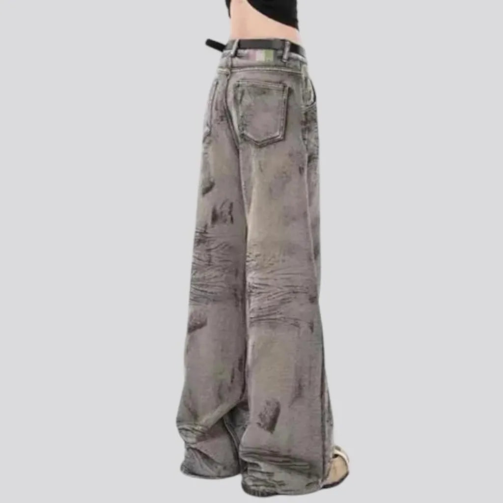 Art tie baggy high rise women's jeans