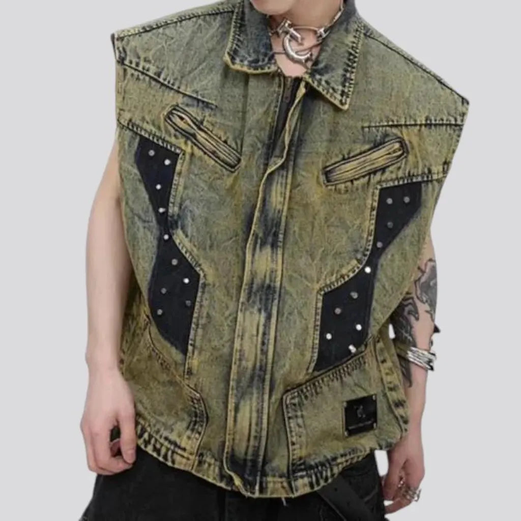 Boho style men's denim vest