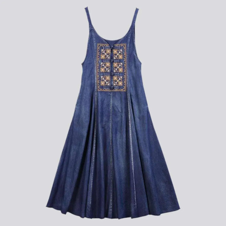 Embroidered long denim dress
 for ladies