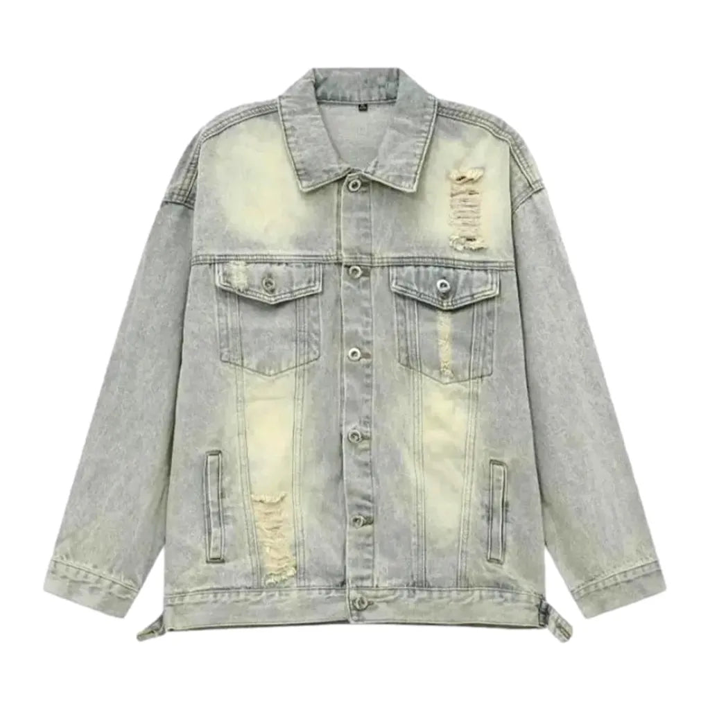 Distressed Oversized Men's Denim Jacket - Light Blue