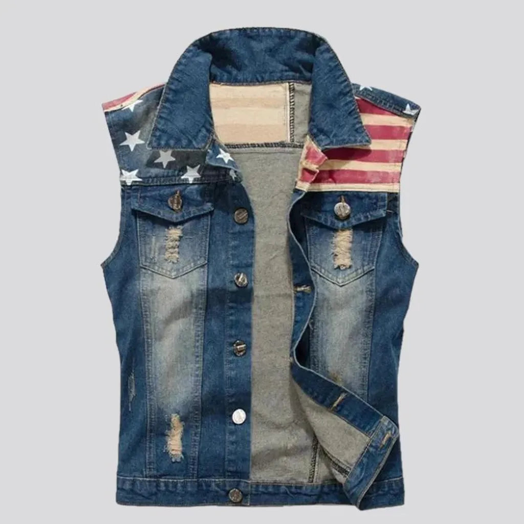 Embroidered distressed jean vest