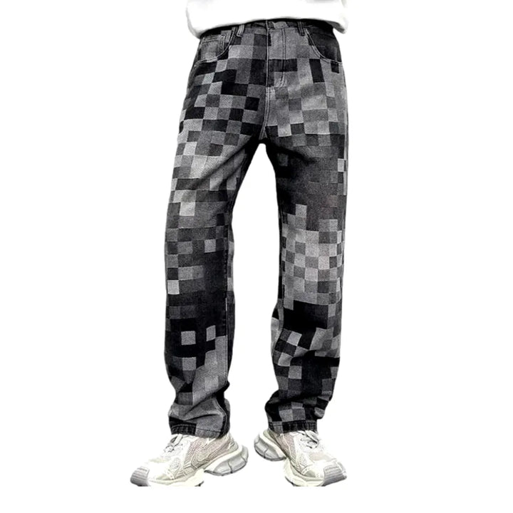 Mid Rise Stylish Checkered Men's Jeans - Black