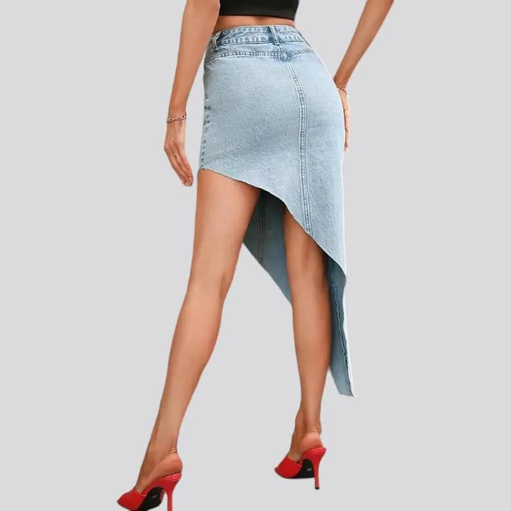 light-wash, long, asymmetric, raw-hem, high-waist, 5-pockets, zipper-button, women's skirt | Jeans4you.shop