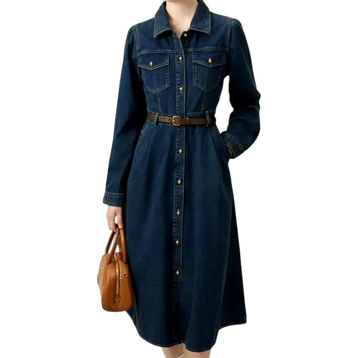 Casual Dark Bell-shaped Jean Dress - Dark Blue