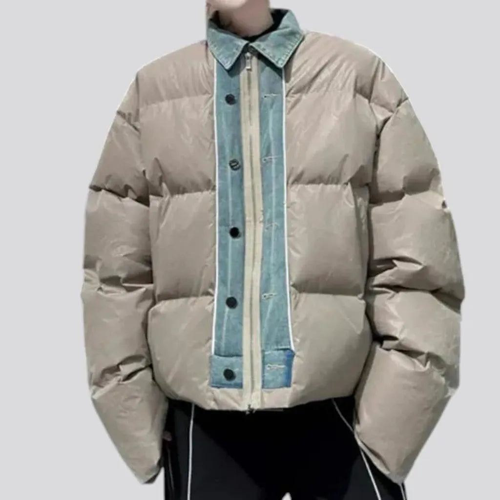 Denim collar quilted men's jean puffer jacket