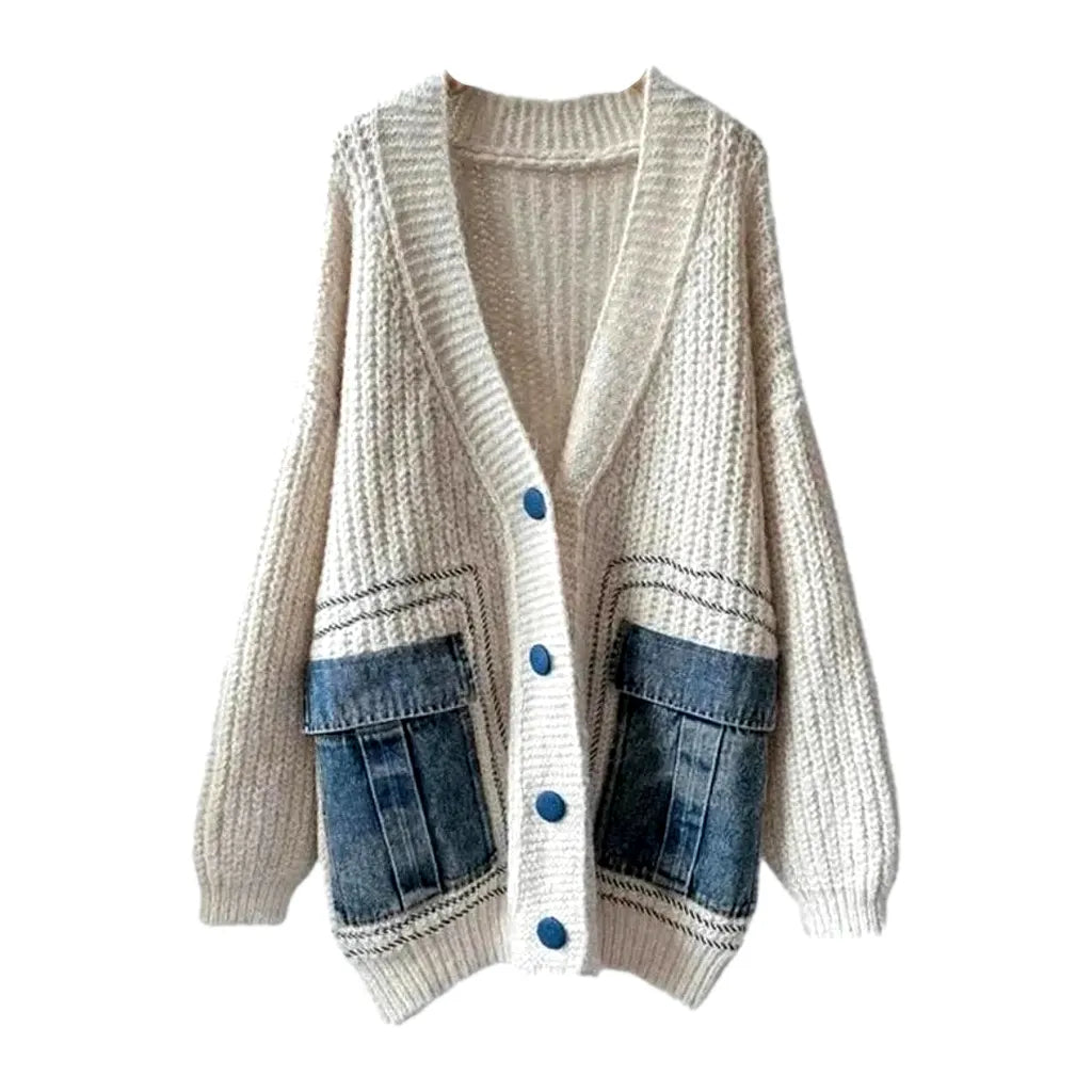 Light Mixed-style Oversized Women's Jean Cardigan - White