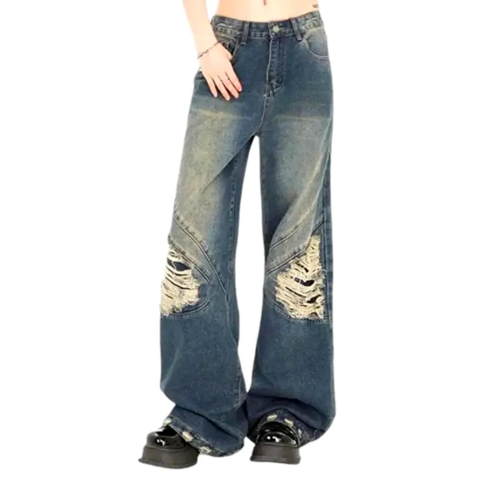 Grunge Fashion Mid Rise Men's Jeans - Blue