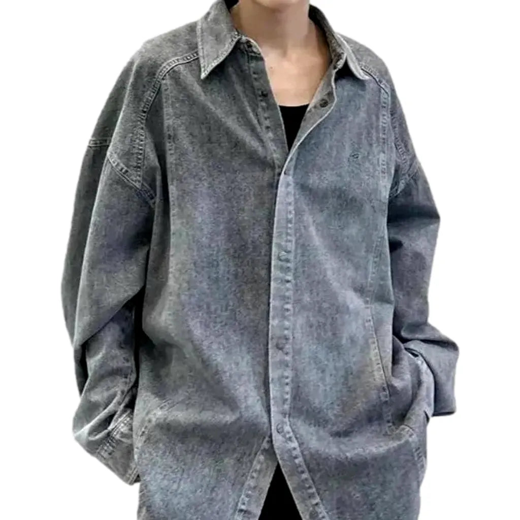 Grunge Medium Length Men's Denim Shirt - Grey