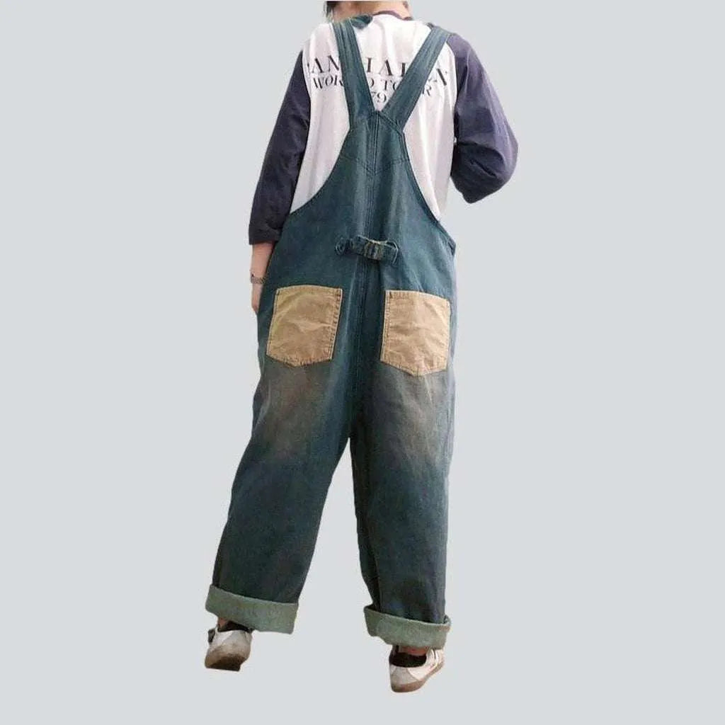 Contrast color women's denim overall