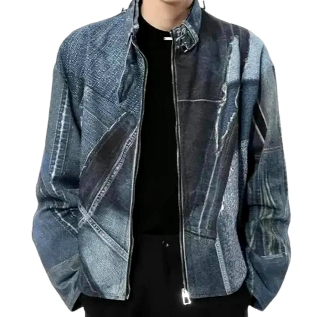 Stylish Biker Men's Denim Jacket - Blue