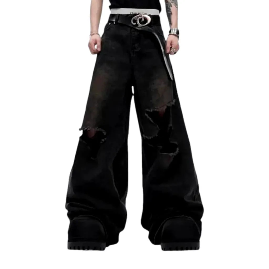 Distressed Vintage Flared Men's Jeans - Black