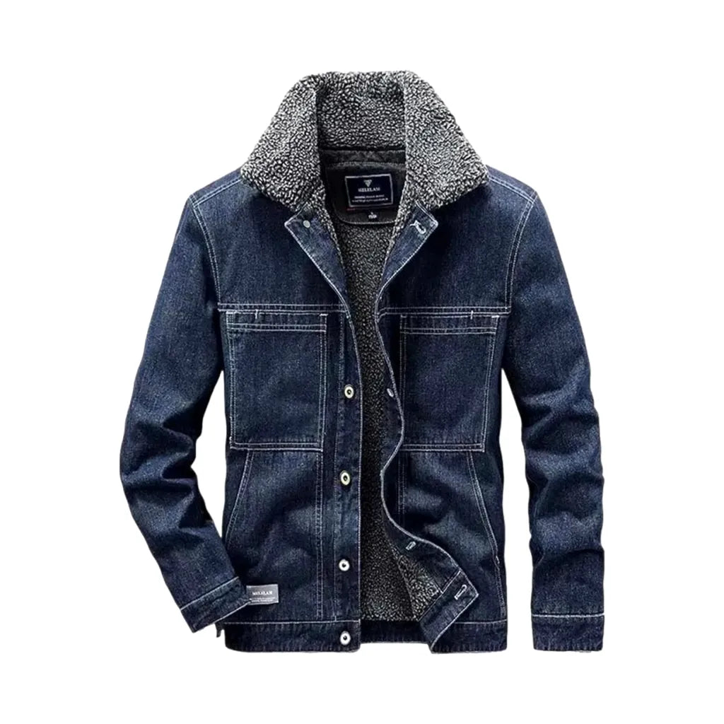 Thin Fit Medium Length Men's Denim Jacket - Dark Blue