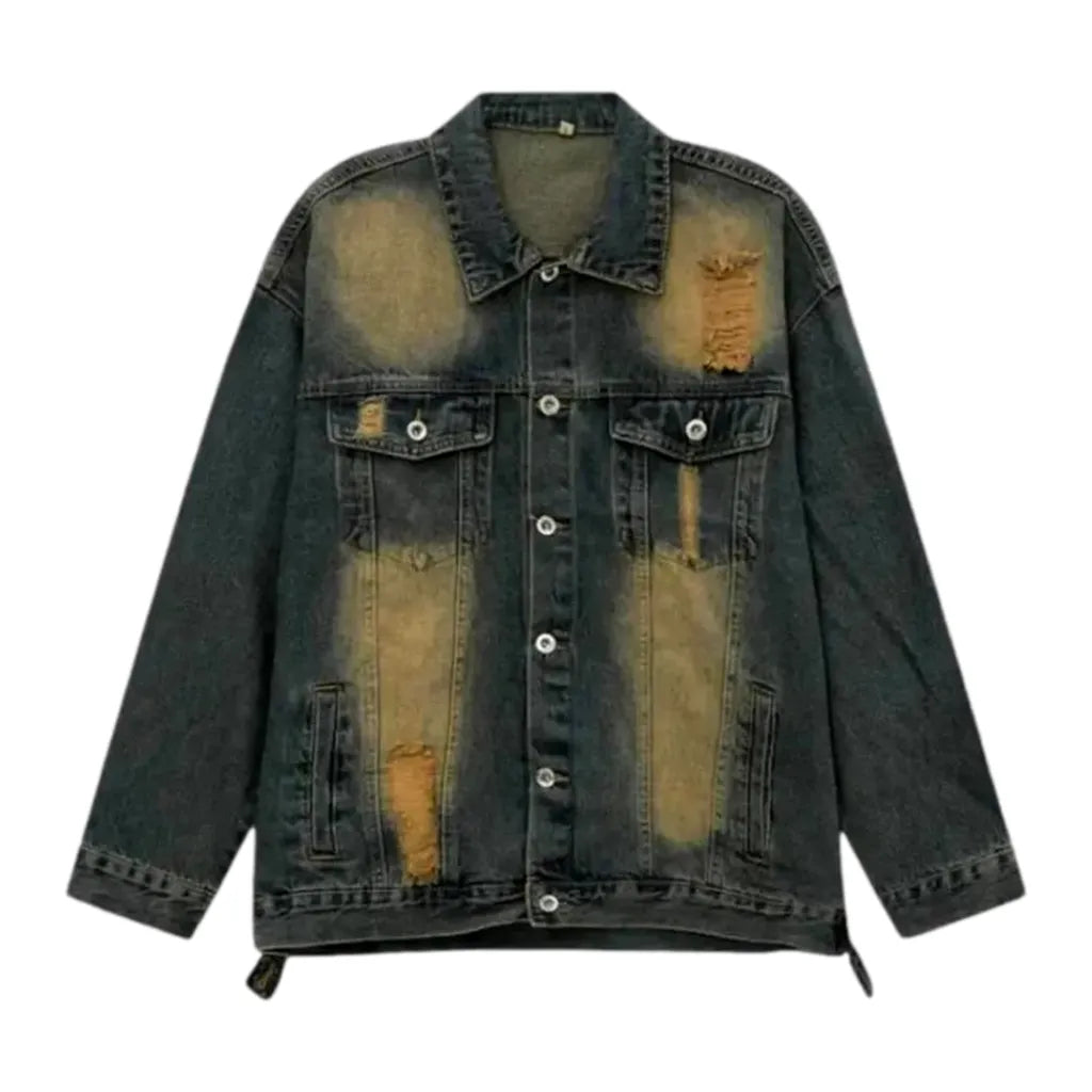 Distressed Oversized Men's Denim Jacket - Dark Blue