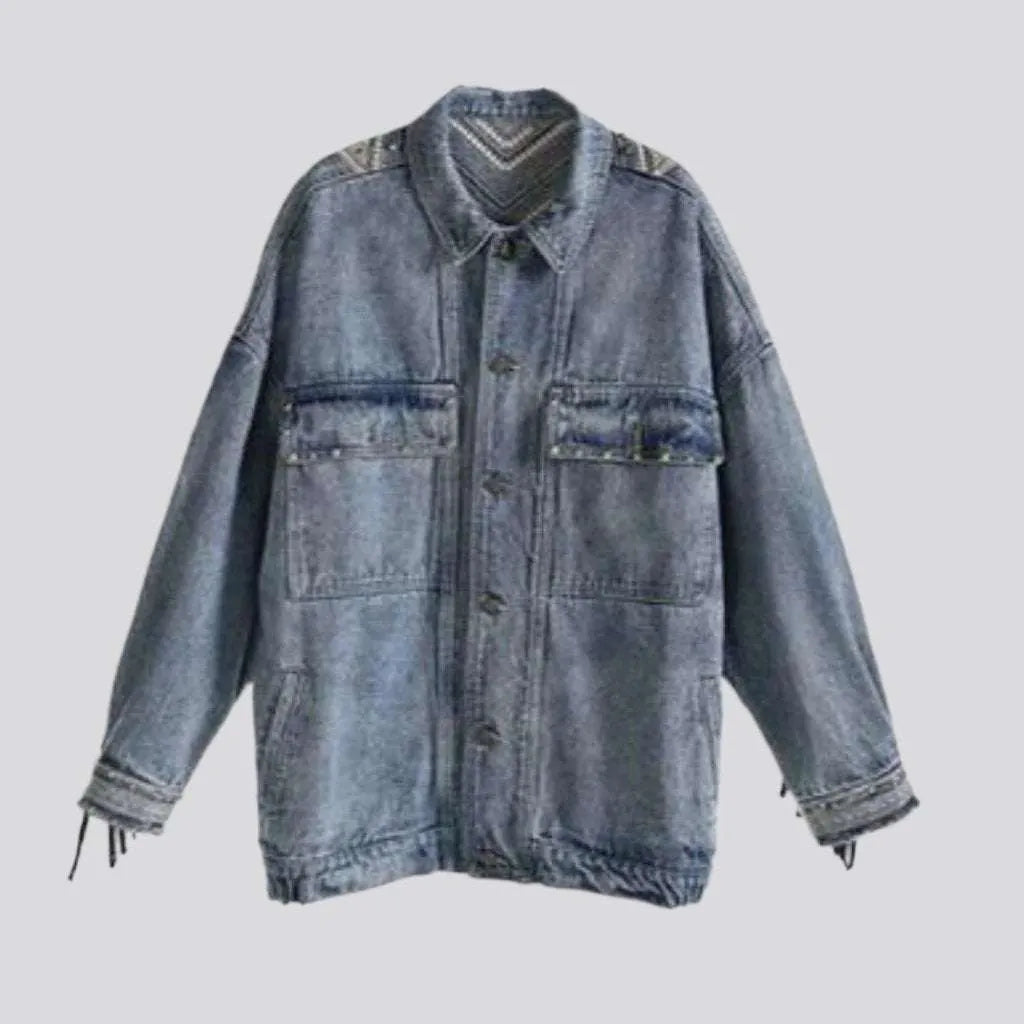 Embroidered fringe denim jacket
 for ladies