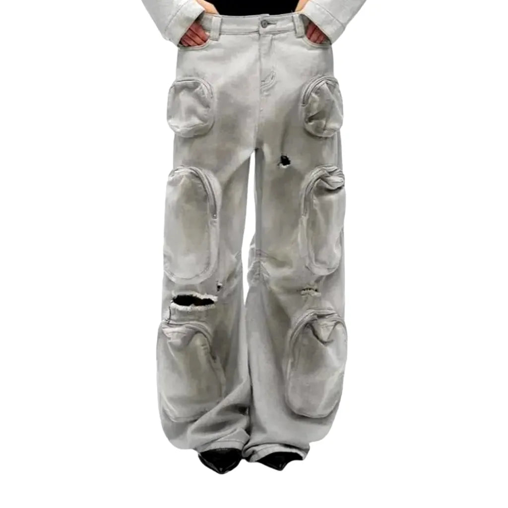 Street Style Baggy Women's Denim Pants - Grey