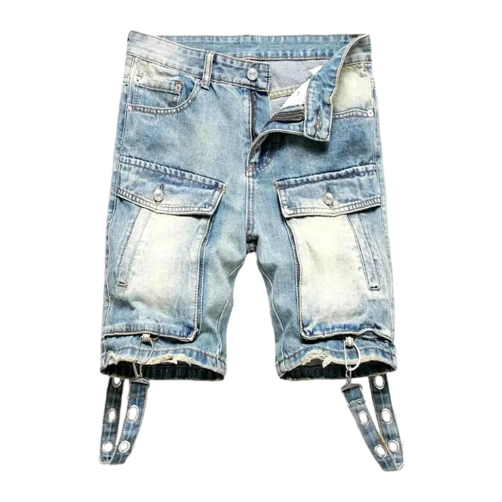 Embellished Cargo Fit Men's Denim Shorts - Light Blue