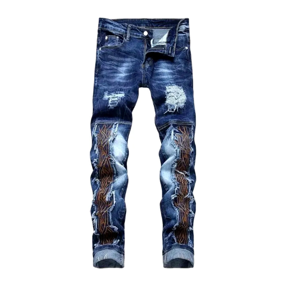 Stylish Embroidered Distressed Men's Jeans - Blue