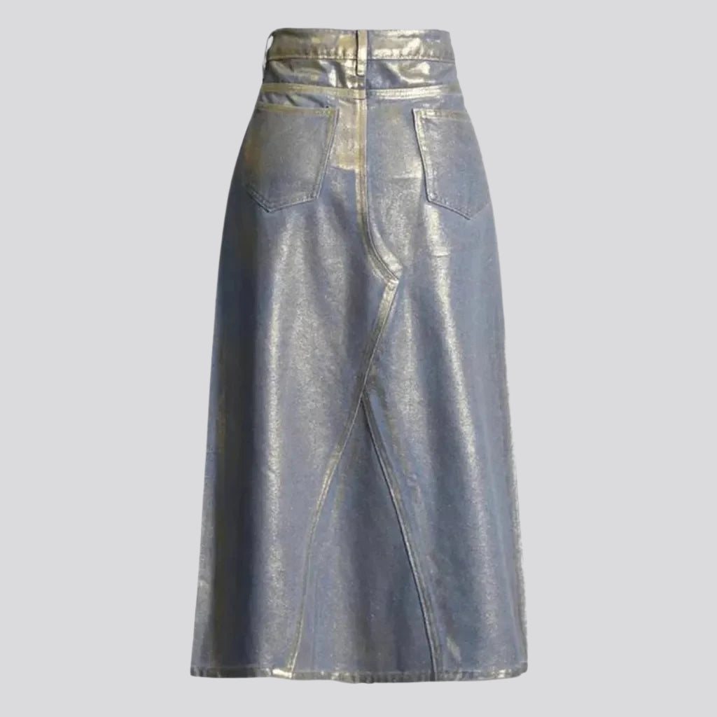 Maxi a-line waxed metallic jean skirt