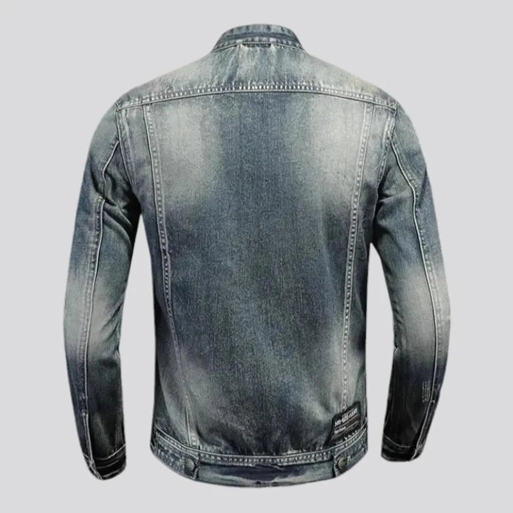 Sanded biker style riding denim jacket for men