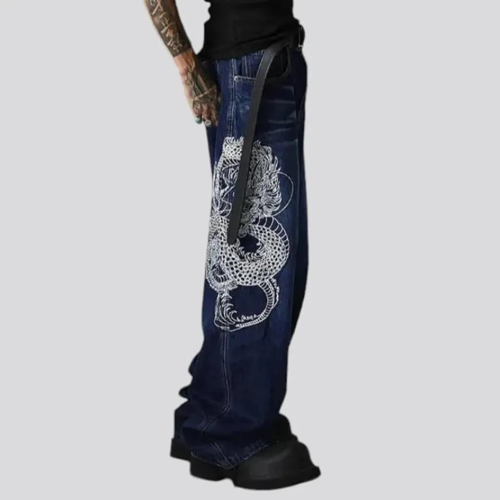 Embroidered baggy mid rise men's jeans