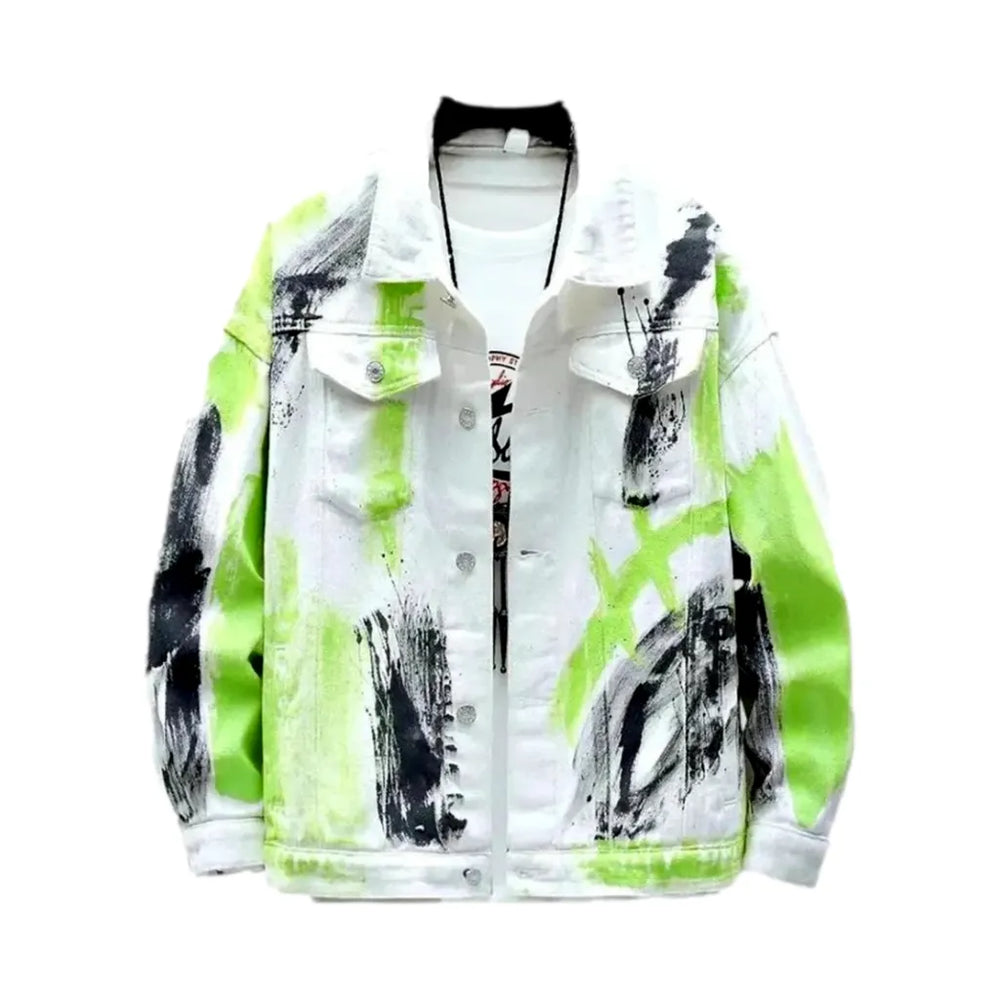 Painted Oversized Street Men's Denim Jacket - White