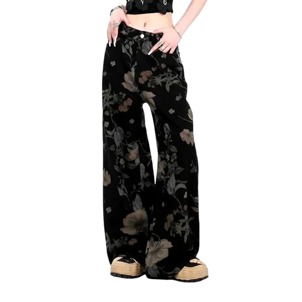 High Rise Baggy Floral Jeans for Ladies - Black