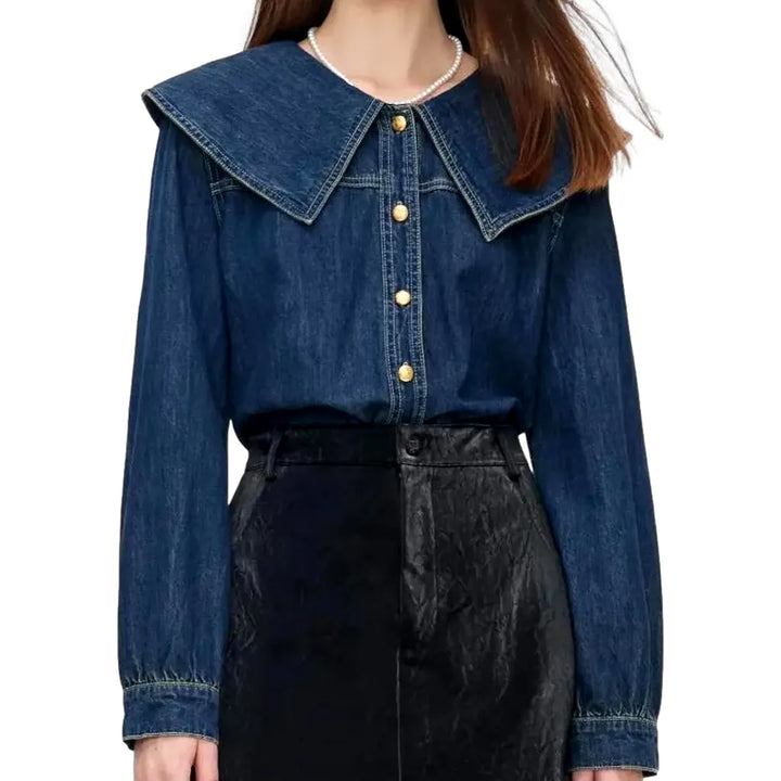 Trendy Wide Collar Oversized Women's Jeans Shirt - Blue