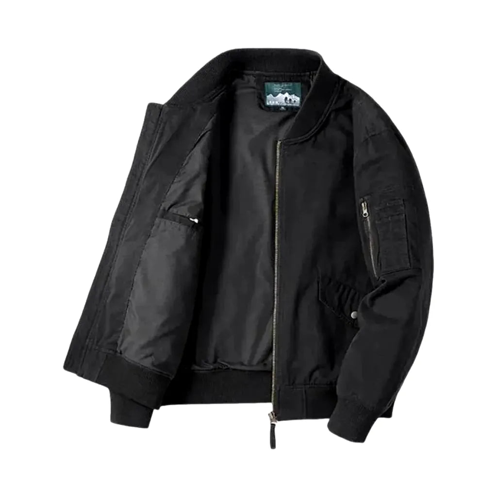 Rubber Hem Casual Men's Jean Bomber Jacket - Black