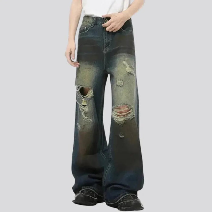 Baggy fashion distressed gradient jeans for men