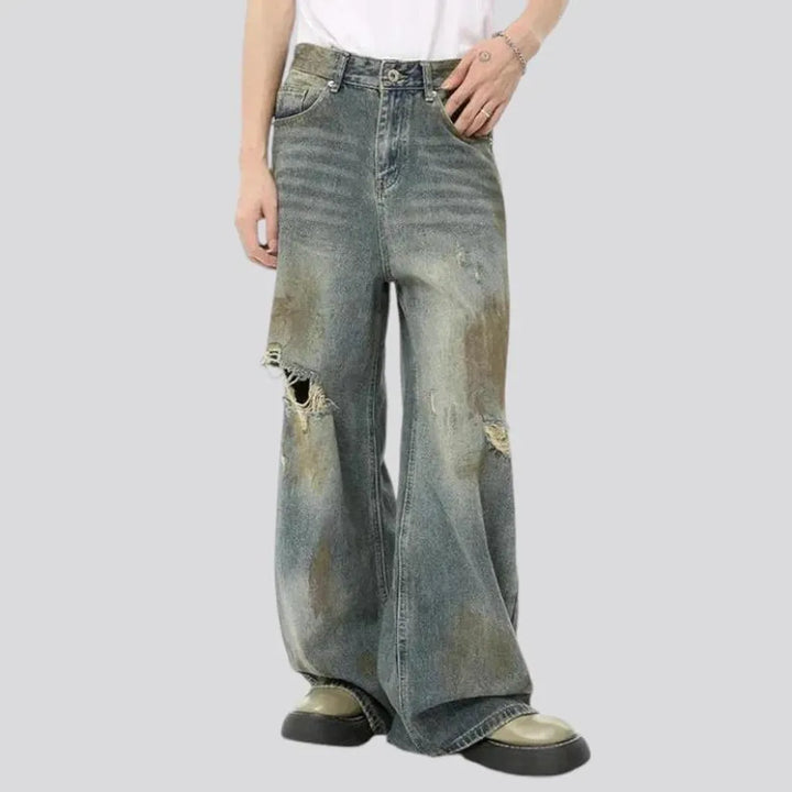 Boho style baggy distressed jeans for men