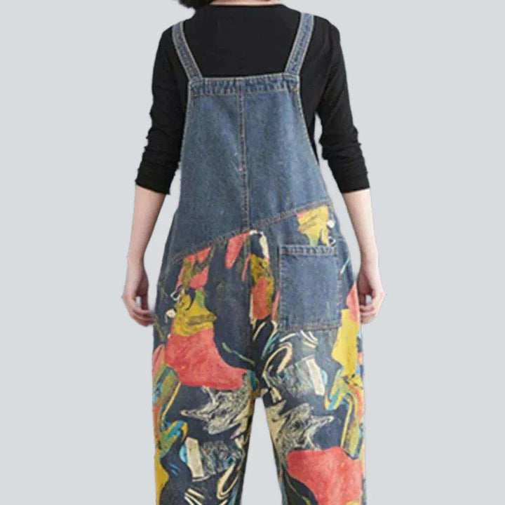 Half-color print denim jumpsuit