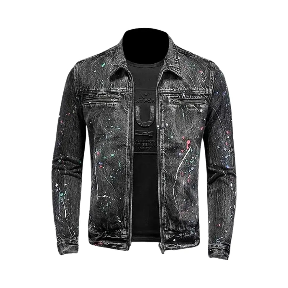 Y2k Paint Pattern Slim Men's Denim Jacket - Black