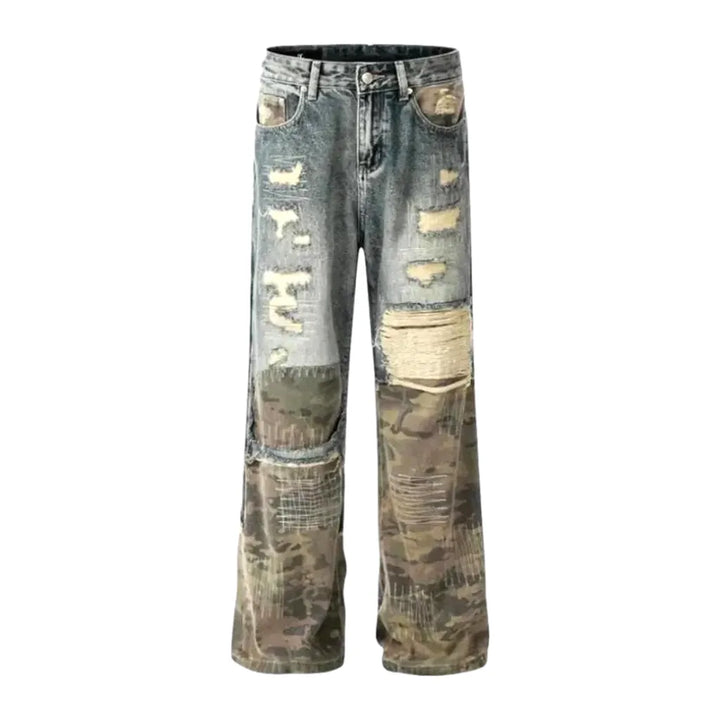 Retro Patchwork Camo Men's Jeans - Light Blue