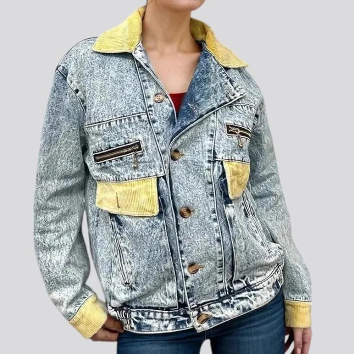 Faded wash corduroy collar denim jacket for women