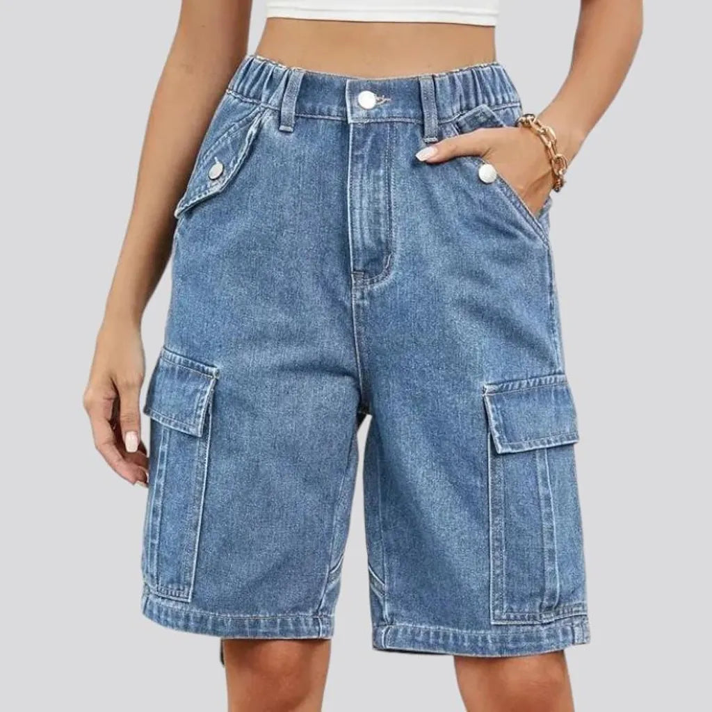 light-wash, straight, knee-length, high-waist, cargo-pockets, zipper-button-rubber, women's shorts | Jeans4you.shop