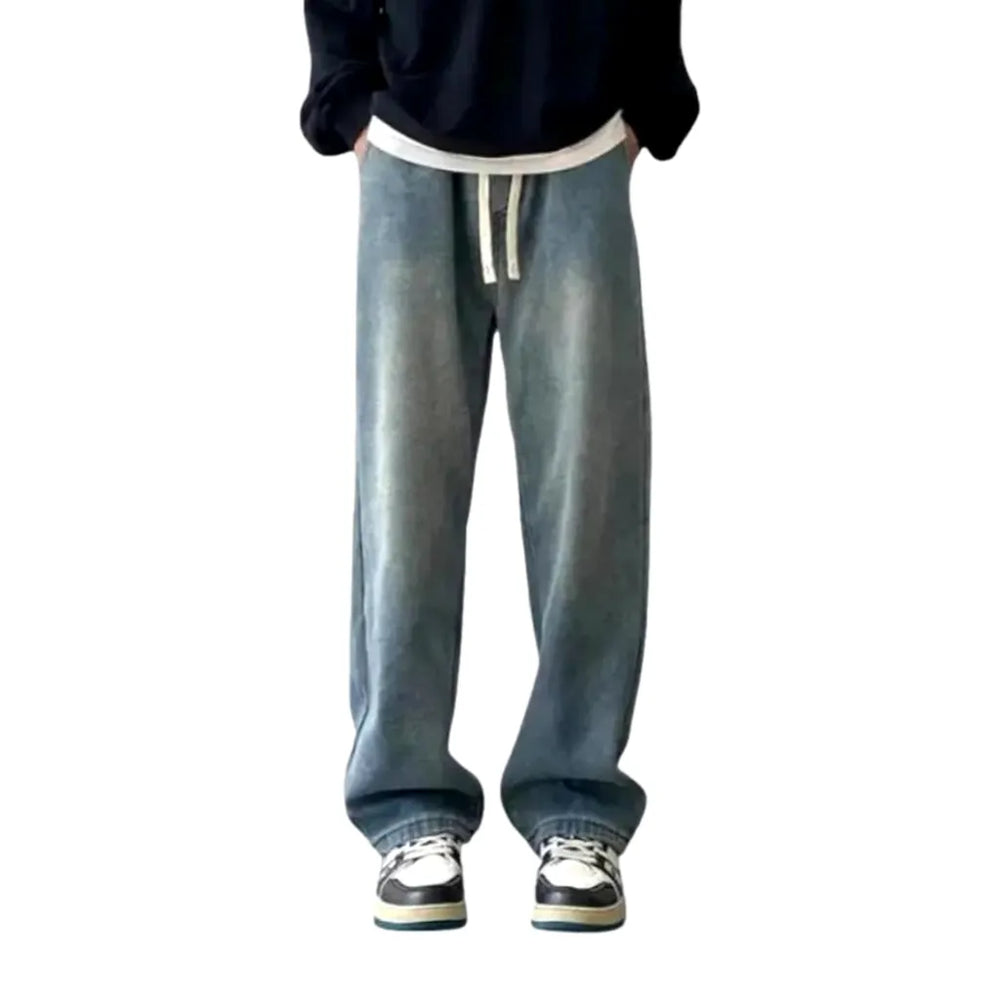 Insulated Boho Style Abraded Denim Joggers for Men - Blue