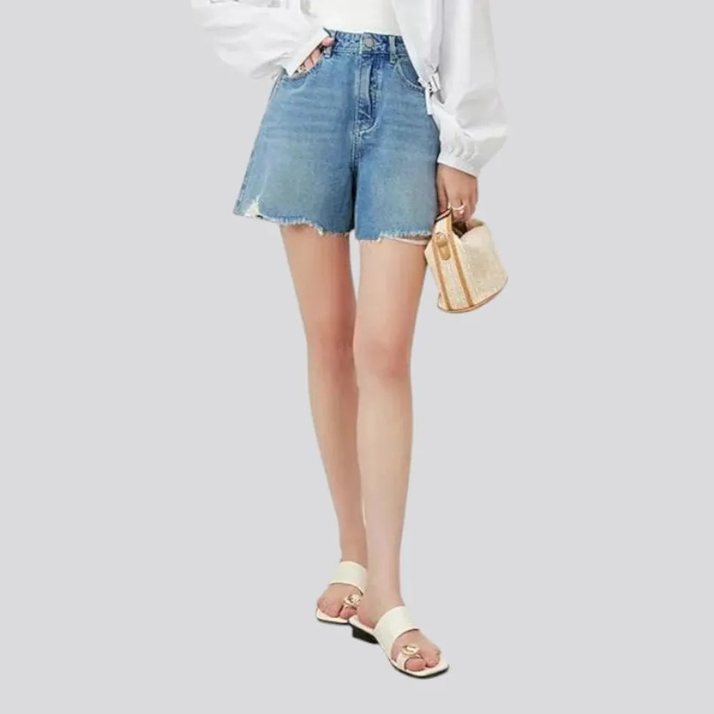 Torn raw hem wide fit women's denim shorts