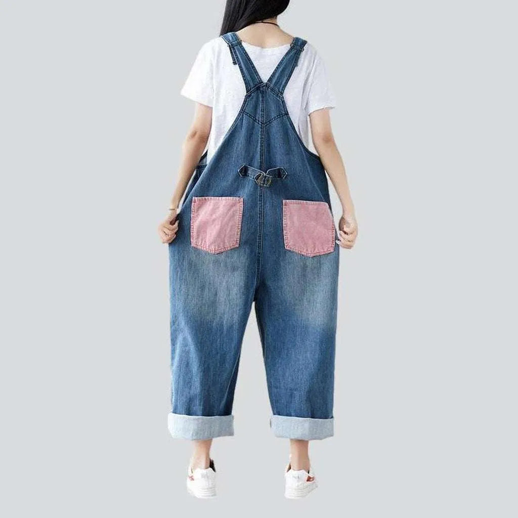 Contrast color women's denim overall