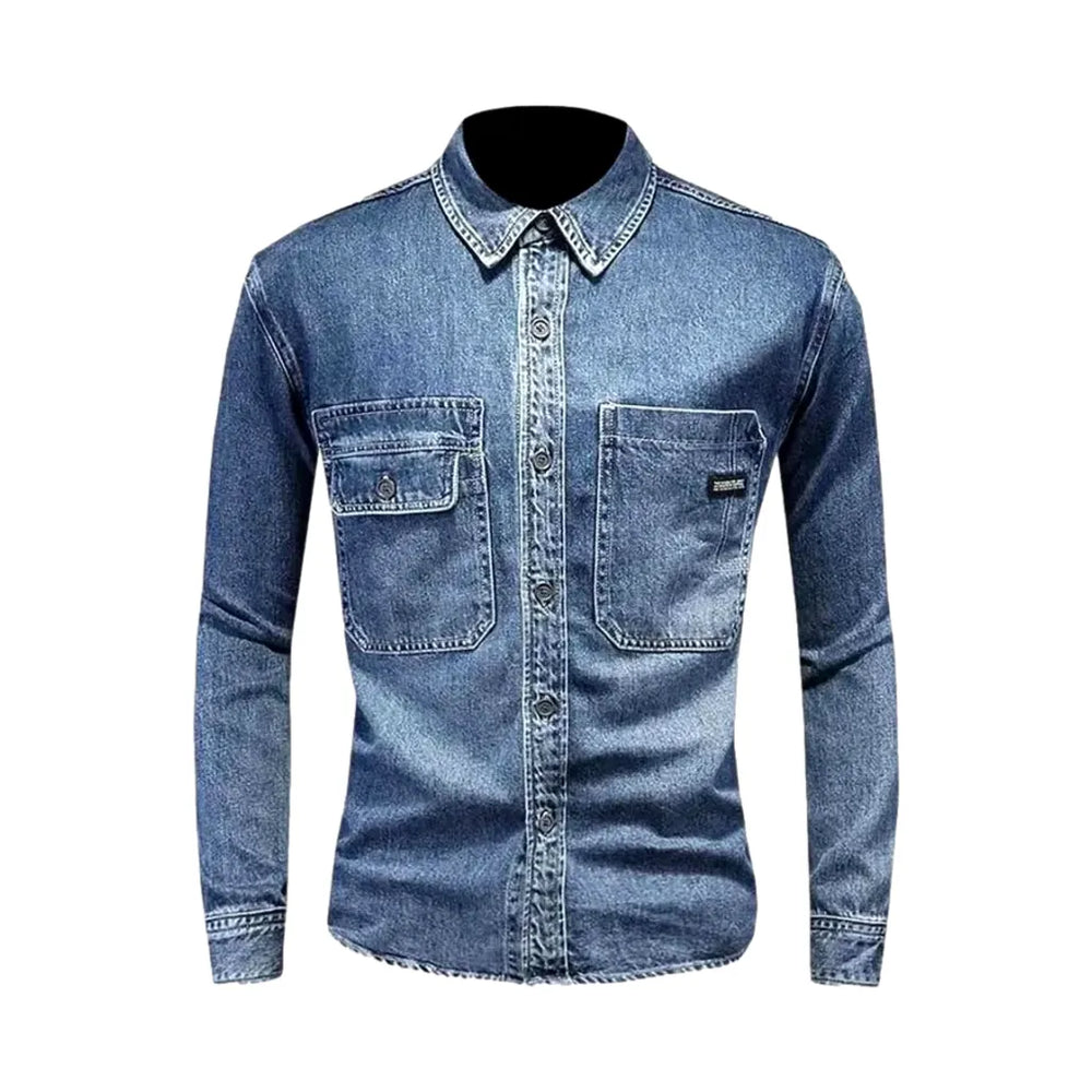 Slim Fit Medium Length Men's Denim Shirt - Blue