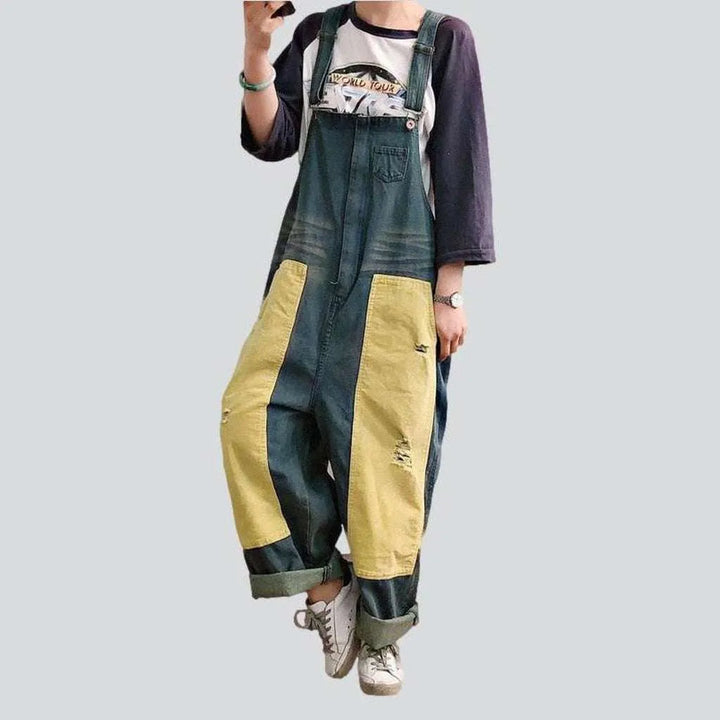 Contrast color women's denim overall